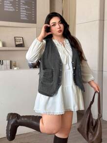 Rivivi 女士大码单排扣口袋休闲牛仔背心