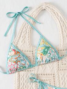 Swim Vcay Women's Summer Vacation Beach Paisley Print Halter Neck Bikini Set - Mint Green - View 3