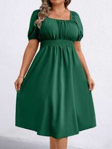 SHEIN Clasi 绿色方领泡泡袖束腰女式连衣裙 - 綠色 - 查看 1