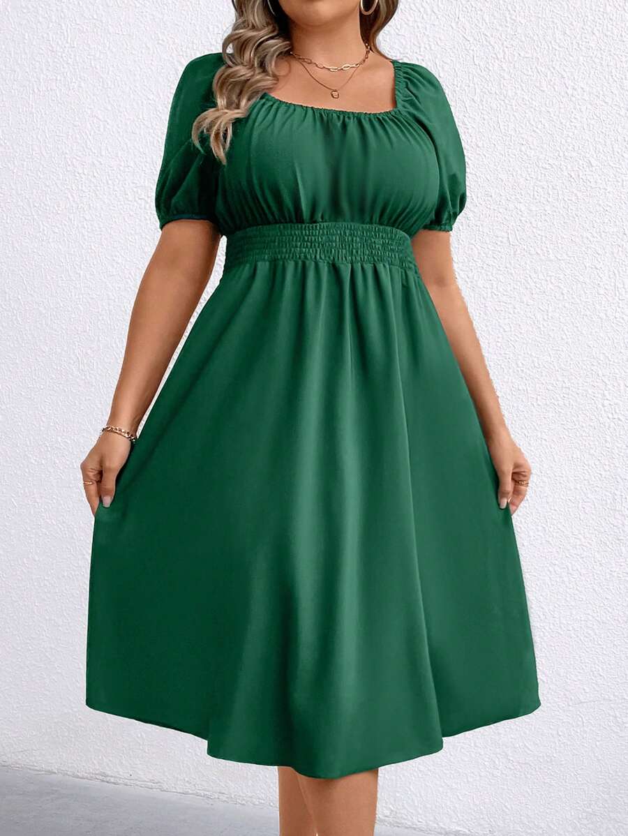 SHEIN Clasi 绿色方领泡泡袖束腰女式连衣裙 - 綠色 - 查看 1