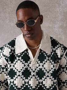 SUMWON Luxury Designer Crochet Polo Sweater Retro Diamond Pattern Knit Collared Pullover Golf Classic Tennis Club House Style Preppy Spring Autumn - Black and White - View 4