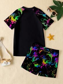 SHEIN Tween Boy Casual Fashionable Classic Cool Gradient Splash Design, Evil Smile Graphic Print Crew Neck Short Sleeve Swimwear Set, Suitable For Summer