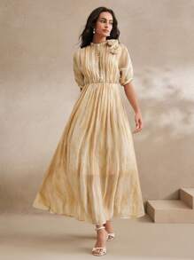 Anewsta 春季优雅褶皱 3D 花卉扎染天丝连衣裙，女士节日/婚礼宾客礼服 - 黃色 - 查看 5