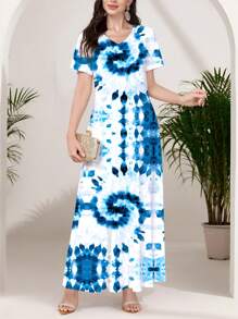 Mulvari Women's White V-Neck Spring/Summer Knit Short Sleeve Printed Dress, Can Be Worn As Outerwear Or As A Slip Dress, Casual/Work Dress, Featuring A Beautiful Vibrant Blue Tie-Dye Floral Pattern, Suitable For Dates, Everyday, Casual, Parties, Holidays, Spring/Summer Women's Clothing,Women Dresses Vacation Butterfly Dress Women Women Dresses Elegant Gown Women Dress Women Elegant Dresses