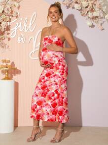 Loomaby Pregnant Women's Elegant Floral Print Mermaid Dress,Gender Reveal Dress,Baby Shower Dress,Maternity Dress - Red - View 6