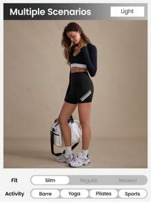 SHEIN Sports 女式高腰瑜伽短裤，紧身运动打底裤，提臀，性感健身跑步休闲户外通勤，舒适腰带带标志，短裤骑行短裤 - 黑色 - 查看 4