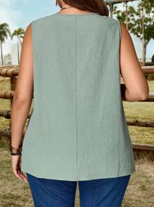 EMERY ROSE Plus Size Women's Round Neck Asymmetrical Bean Green Tank Top, Solid Color Fashion, Suitable For Summer, Carnival Top, Easter Top Curve,Country Concert - Green - View 2