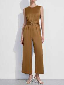 Lumivelle Women's Elegant Summer Camel Sleeveless High Waist Wide Leg Jumpsuit,Office Slim Fit One-Piece Outfit,Lightweight Waist Cinching Metal Decor Design - Mustard Yellow - View 1