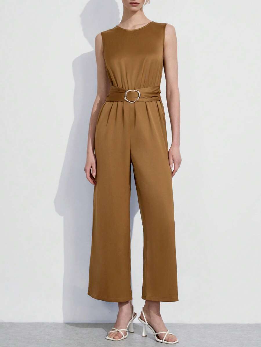 Lumivelle Women's Elegant Summer Camel Sleeveless High Waist Wide Leg Jumpsuit,Office Slim Fit One-Piece Outfit,Lightweight Waist Cinching Metal Decor Design - Mustard Yellow - View 1