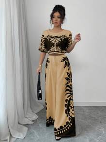 Rafferiza 女士休闲两件套，花卉印花短款上衣和阔腿裤，春夏假日风格 - 棕色 - 查看 1