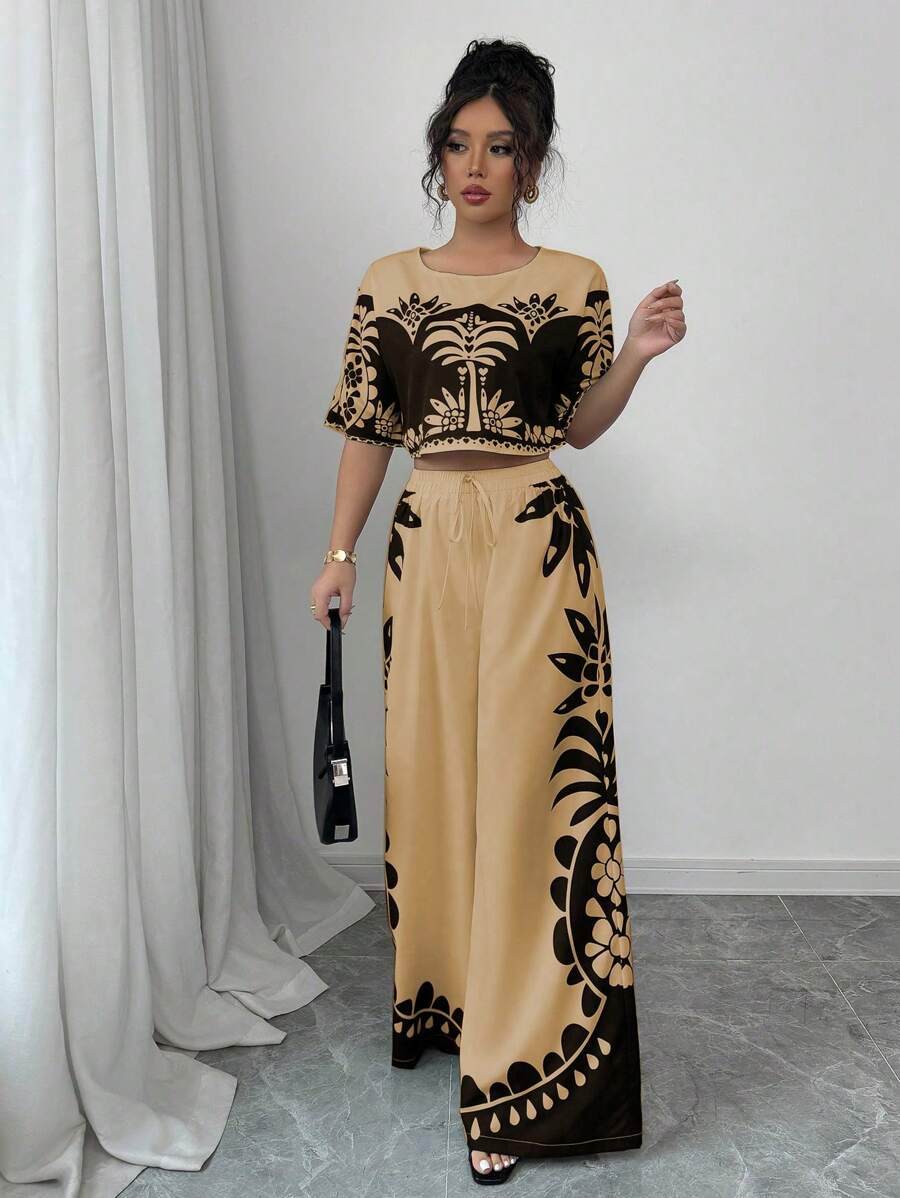 Rafferiza 女士休闲两件套，花卉印花短款上衣和阔腿裤，春夏假日风格 - 棕色 - 查看 1