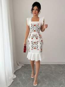 Elenzga Women's Floral Print Cap Sleeve Elegant Mini Dress For Vacation