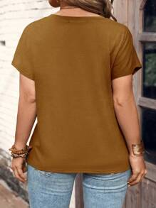 SHEIN LUNE Plus Size Women Fashion Button Collar Short Sleeve T-Shirt - Brown - View 2