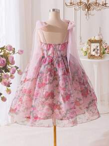 Vestido elegante con estampado floral y decoración de lazo para niñas preadolescentes