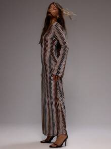 MUSERA 女士长款针织连衣裙，纹理图案，长袖镂空修身设计，优雅春夏沙滩泳装婚礼宾客伊比沙岛节日度假条纹款 - 彩色 - 查看 2