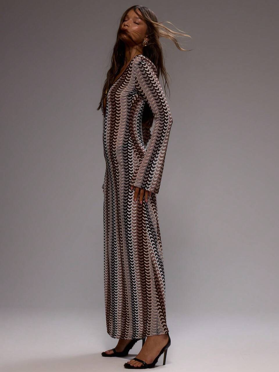 Damen Maxikleid mit strukturiertem Muster, gestrickt, langärmlig, ausgeschnitten, figurbetont, elegant für Frühling Sommer, Strand, Hochzeit, Urlaub, Ibiza Festival, Streifen, Urlaubskleid