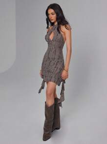 Roylia 女士性感露背吊带迷你连衣裙 - 深灰色 - 查看 6