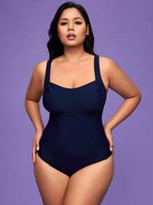 Shapewave Plus Size Women's Solid Color Pleated One-Piece Swimsuit For Summer Beach Vacation - Navy Blue - View 5