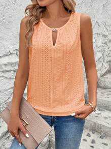 Calvaya Women's Laser Cut & Embroidery Keyhole Neck Solid Color Casual Tank Top, Summer - Orange - View 6