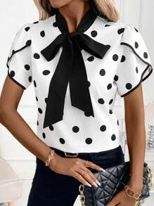 SHEIN Clasi Summer Women's Elegant Polka Dot Print Contrasting Lace Up Petal Sleeve Blouse, Suitable For Various Occasions - Black and White - View 2