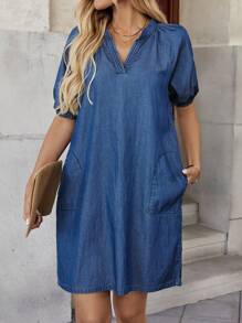 EMERY ROSE Váy denim dài đến đầu gối thường ngày cho nữ, màu xanh - Rửa tối - Xem 6