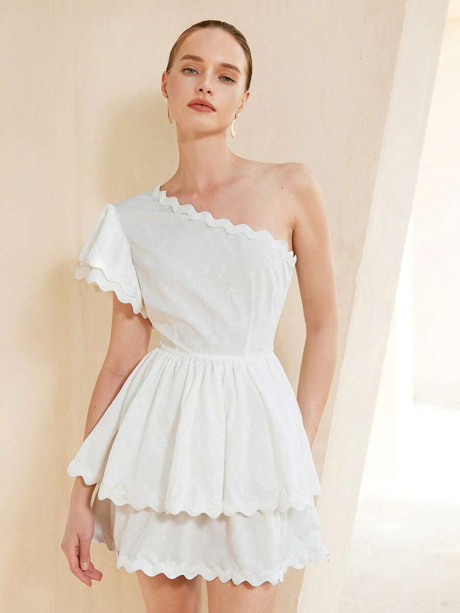 Aveloria Rosie Shoulder Strap Floral Lace Splice Solid Color Short Sleeve Dress Elegant FashionableOld Money Style  ROMANTIC Style Inspiration For Summer - White - View 1