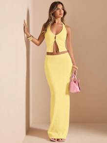 SHEIN BAE 2pcs/Set Women Summer Solid Deep V-Neck Halter Textured Cropped Tank Top & High Waist Maxi Skirt, Holiday White Outfit Island Vacation Outfits - Yellow - View 4