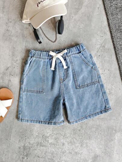 SHEIN Young Boys Summer Casual Soft Boho Drawstring Waist Baggy Denim Short,No Top,For Boys Summer Clothes Daily Wear Outfits And Vacation Outfits