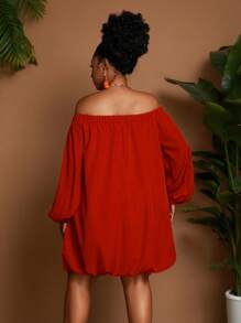Maweii Plus Size Solid Color Off Shoulder Long Sleeve Elastic Waist Short Dress - Red - View 2