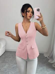 Elenzga Camicia elegante da donna senza maniche e senza colletto, casual e adatta per l'ufficio, di colore unito con scollo a V, decorazioni con bottoni effetto perla, aderente