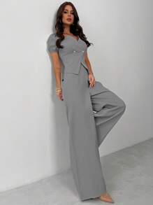 Firerie Lễ hội New Office Commute Lady Casual tay bồng Cardigan bất đối xứng Áo sơ mi cài nút kim loại & Quần ống rộng Bộ đồ cao màu mơ thon gọn - Xám - Xem 6