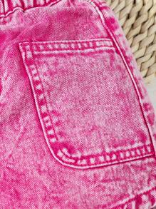 Young Girl' Fashionable Pink Dopamine Denim Ruffle Waist Shorts, Summer - Hot Pink - View 4