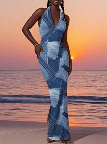 Slaydiva Women's Halter Plunging Neck Fish Tail Maxi Bodycon Dress - Multicolor - View 1