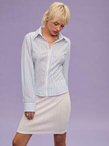 COUREZ Dopasowana koszula w paski z długim rękawem i zamkiem błyskawicznym, letnie bluzki / Letnie stylizacje dla kobiet / Uliczny casual / Czas wolny, festiwal muzyczny, bawełna vintage Y2K - Niebieski i biały - Zobacz 2