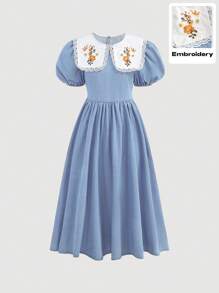 SHEIN Teen Girl Floral Embroidered Puff Sleeve Denim Dress, Summer - Light Wash - View 1