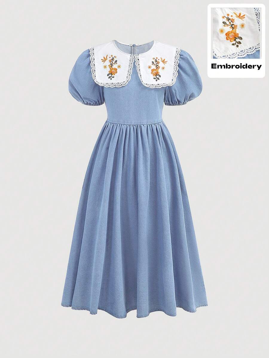 SHEIN Teen Girl Floral Embroidered Puff Sleeve Denim Dress, Summer - Light Wash - View 1
