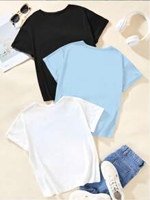 SHEIN Bộ đồ ba mảnh tay ngắn cho bé gái tuổi teen có in chữ đặc biệt NEW YORK Paris Regional City Culture Customs Áo phông in đặc biệt Design Sense Versatile Casual tay ngắn ba mảnh - Nhiều màu - Xem 2