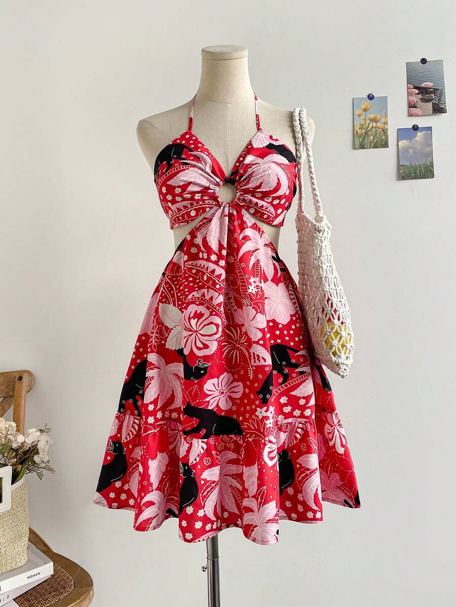 SHEIN WYWH Đầm mini không tay viền bèo nhún thắt nơ hở eo họa tiết da báo và cây cọ dành cho nữ, đi nghỉ, trà chiều, bãi biển, bên bờ biển - Nhiều màu - Xem 1