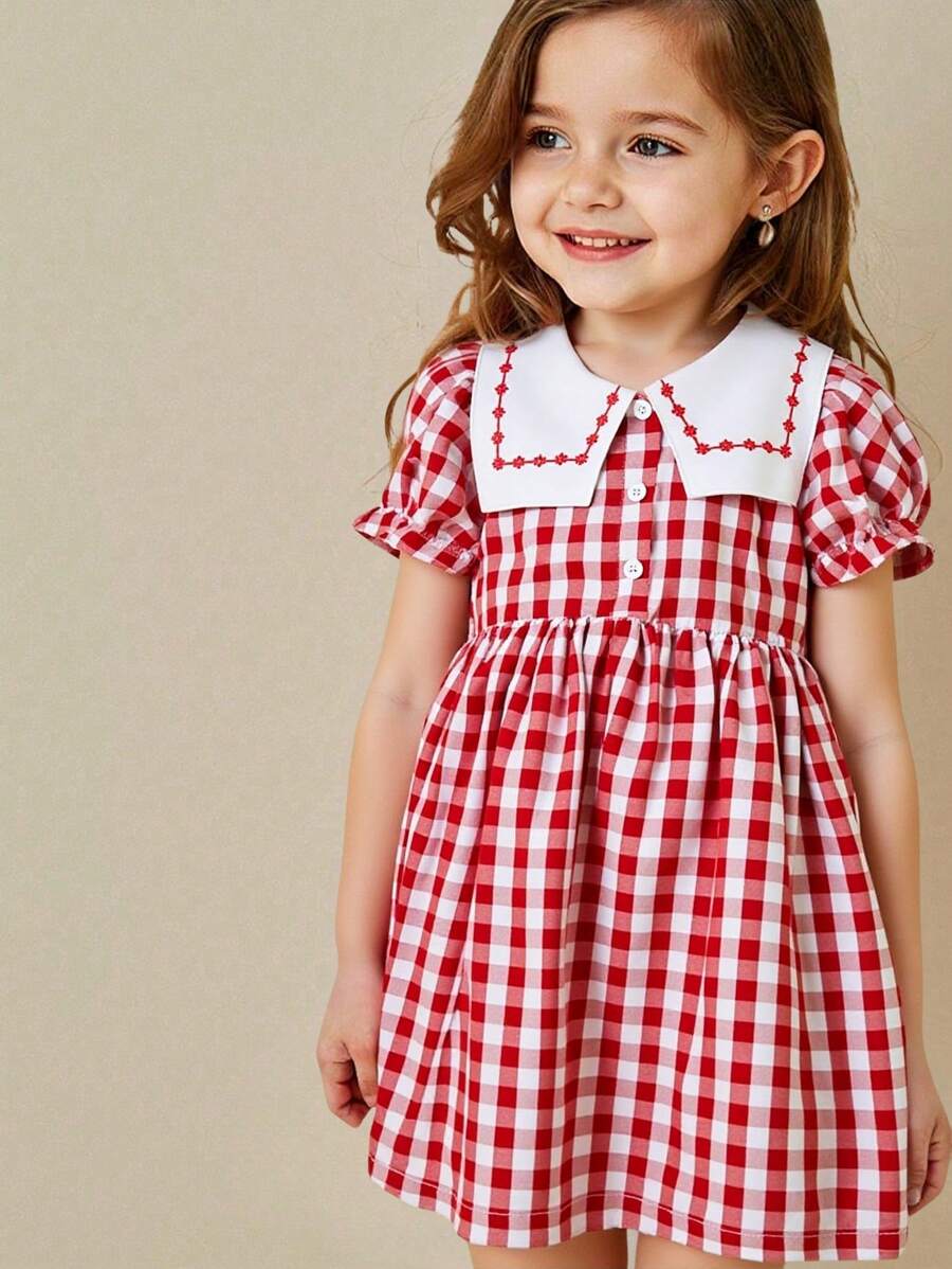 SHEIN Playful Pals Toddler Girls Casual Plaid Sleeveless Dress, Versatile For Outdoor Play Or Comfortable Indoor Wear - Red - View 1