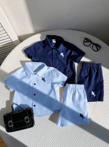 4pcs/Set Baby Boy Summer Blue Colorblock Animal Print Knit Soft Collar Short Sleeve Shirt & Elastic Waist Shorts Outfit, Suitable For Vacation, Daily, School