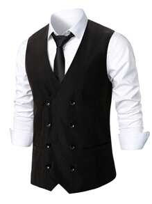 Manfinity Mode Chaleco de traje minimalista de unicolor para hombres, de moda para el verano - Negro - Ver 5