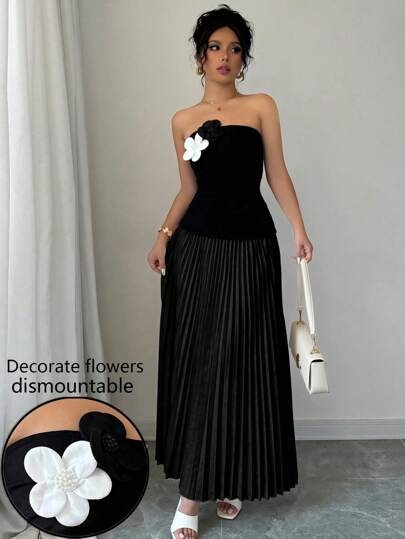 Chiquease 女式长款修身拼色抹胸连衣裙