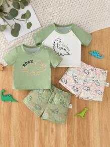 SHEIN Dozemod Kids 4pcs Newborn Baby Boy Cute Cartoon Dinosaur Pattern Crew Neck Short Sleeve Raglan Sleeve Shorts Soft Intimate Sleepwear Set Graphic - Multicolor - View 1