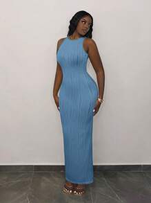 Slaydiva Women's Elegant Blue Maxi Dress Sleeveless Round Neck Knitted Semi-Sheer Pencil Hem Split Detail Bodycon Dress - Blue - View 5