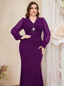 SHEIN Belle Plus Size Elegant Mixed Fabric Patchwork Rhinestone Decor Waist Fitted Midi Dress, Formal, Party Dress, Gown, For Evening, Wedding Guest - Purple - View 3