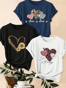 SHEIN LUNE 3 件套豹纹、爱心和口号图案休闲大码 T 恤，夏季 - 彩色 - 查看 3