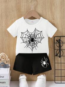 Baby Boy Fashion Minimalist Spider Print Short Sleeve T-Shirt And Shorts Set For Outdoor Summer - Black and White - View 3