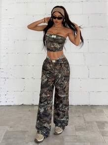 StreetHx 2pcs Women Vintage Leaf Print Bandeau Top And Casual Long Pants Set, Autumn - Black - View 5