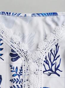 SHEIN LUNE Vacation Leisure Flower Print Splice Lace Camisole Top Graphic Tees Women Tops - Blue - View 6