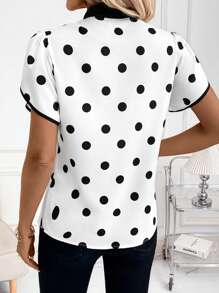 SHEIN Clasi Summer Women's Elegant Polka Dot Print Contrasting Lace Up Petal Sleeve Blouse, Suitable For Various Occasions - Black and White - View 4